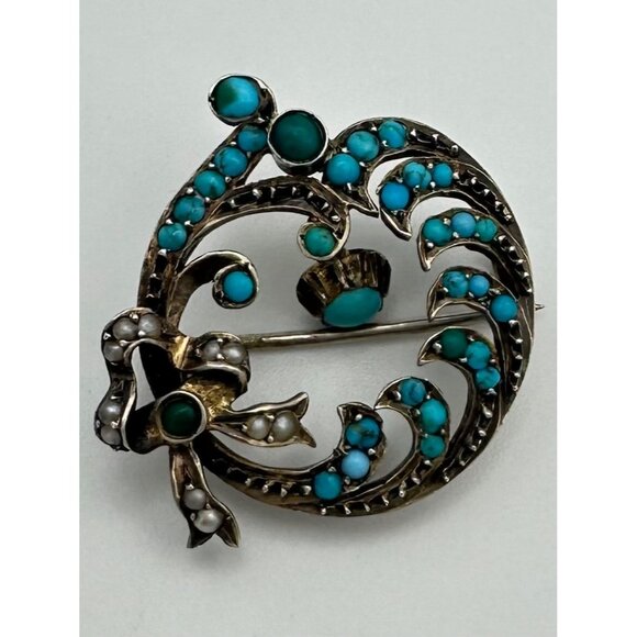 Antique Victorian 9kt gold genuine turquoise cabochons seed pearls bow brooch - Picture 5 of 12